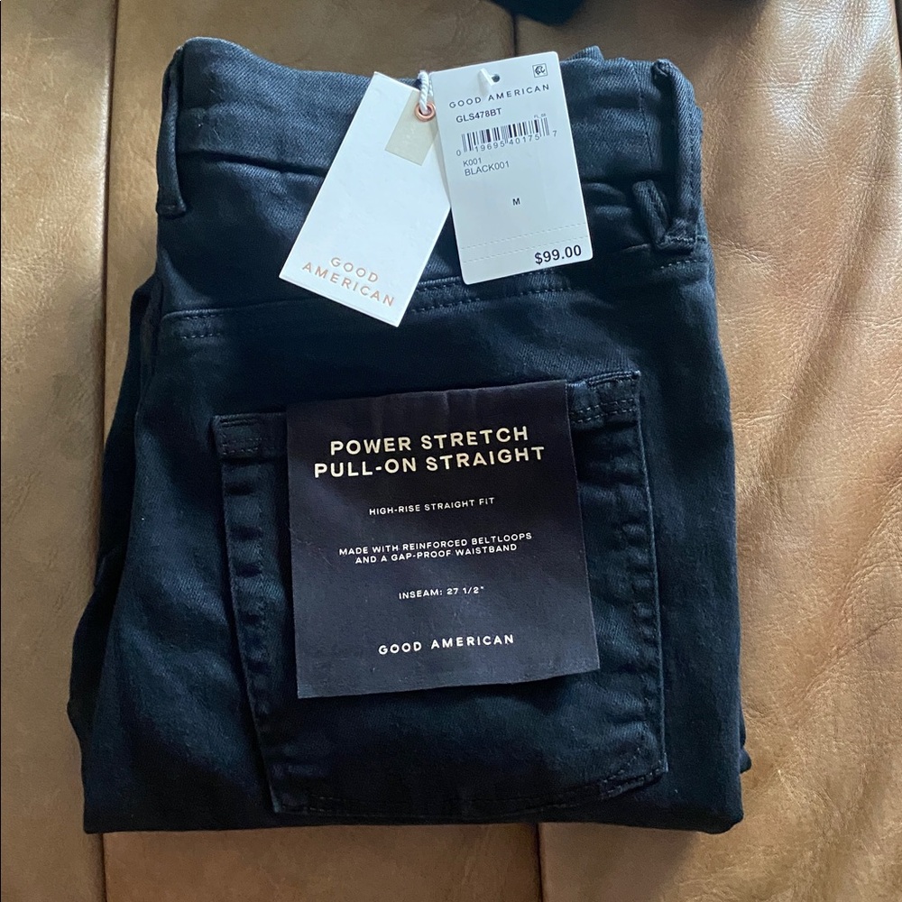 Good American Power Stretch PULL-ON StraightDarkBlack High-Waist Denim Jeggings